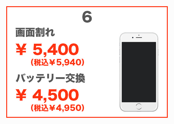 iPhone 6 画面修理5,300円（税別）、バッテリー交換4,300円（税別）