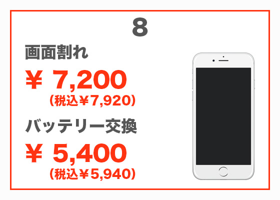 iPhone 8 画面修理4,300円（税別）、バッテリー交換4,800円（税別）